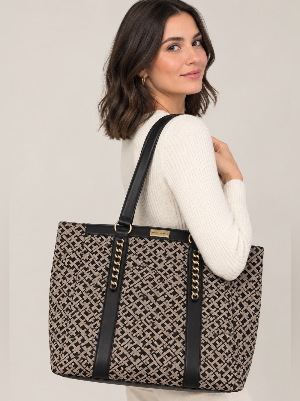Tommy Hilfiger Monogram Tote Bag Black Beige Print Chain Detail & Gold Hardwear